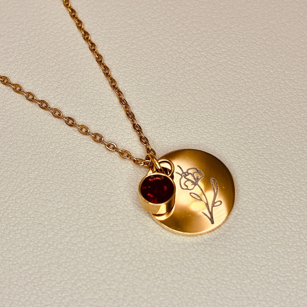 June Birthstone Reddish Purple CZ Engraved Floral Coin Gold Necklace